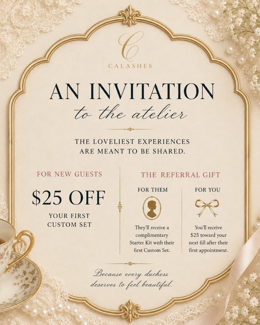 CALashes September invitation offering $25 off for new guests and a referral gift